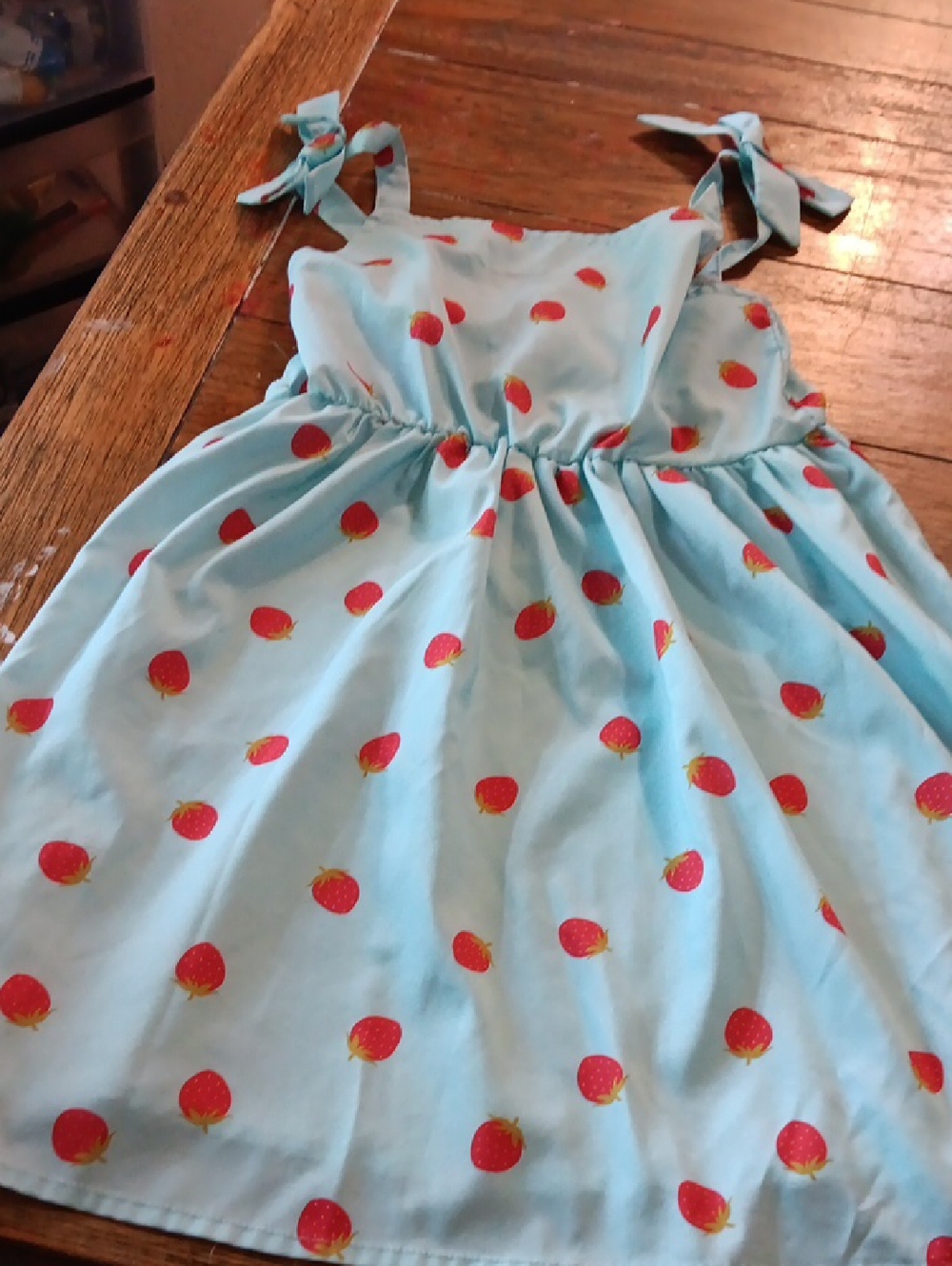 Girls Light Blue Strawberry Print Tie-Shoulder Dress